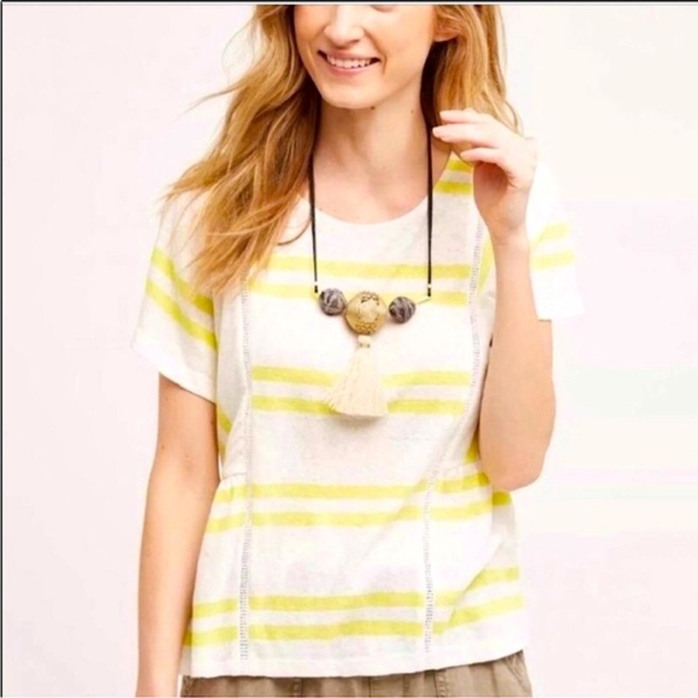 Anthropologie Postmark Linen Blend Yellow Stripe Tee Blouse Top S NWOT